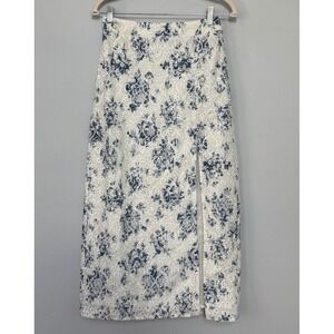 Lalavon Floral Eyelet Midi Skirt Embroidered Ivory Blue Side Zip Size Medium